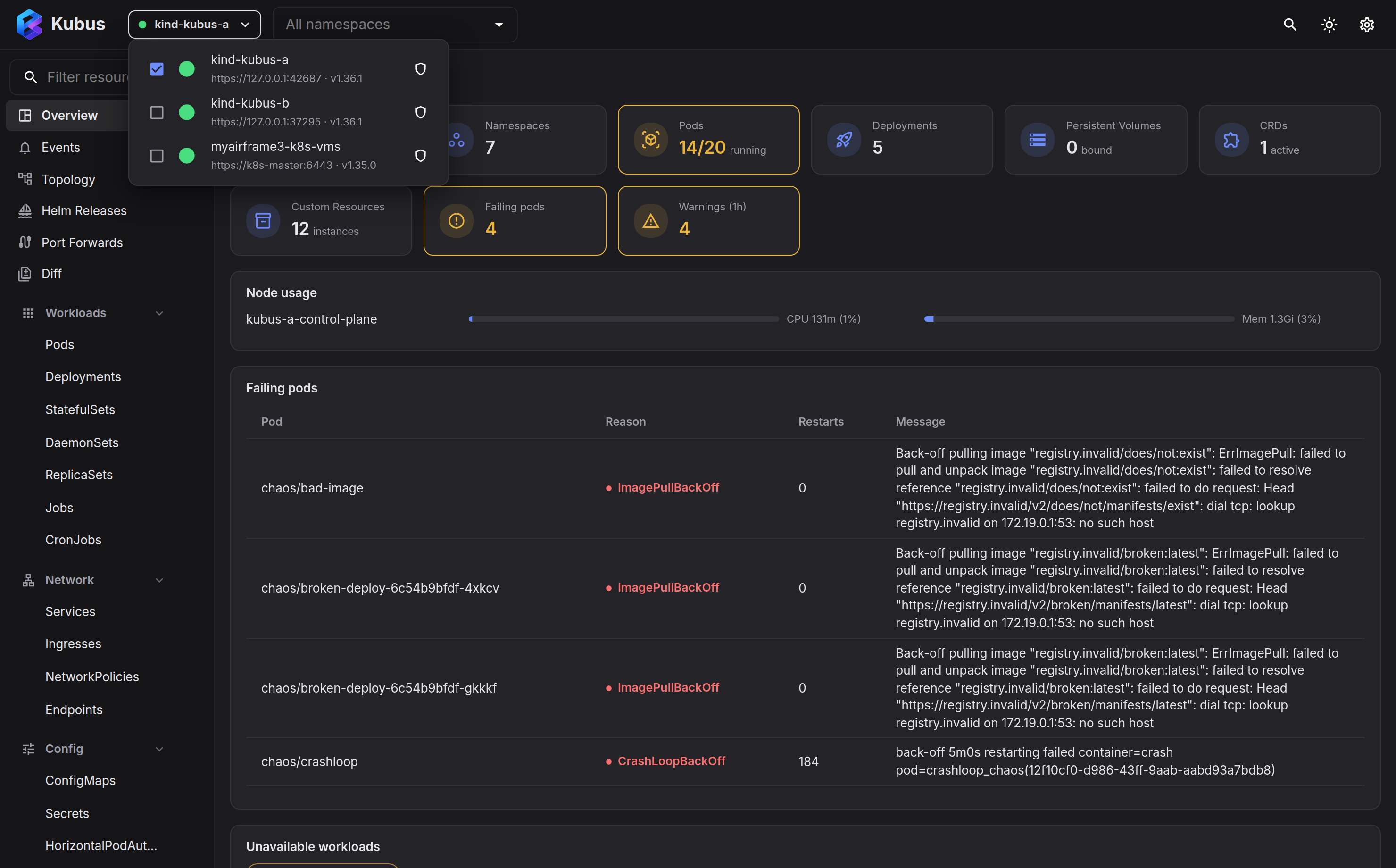 Selecting kubeconfig contexts in the cluster switcher