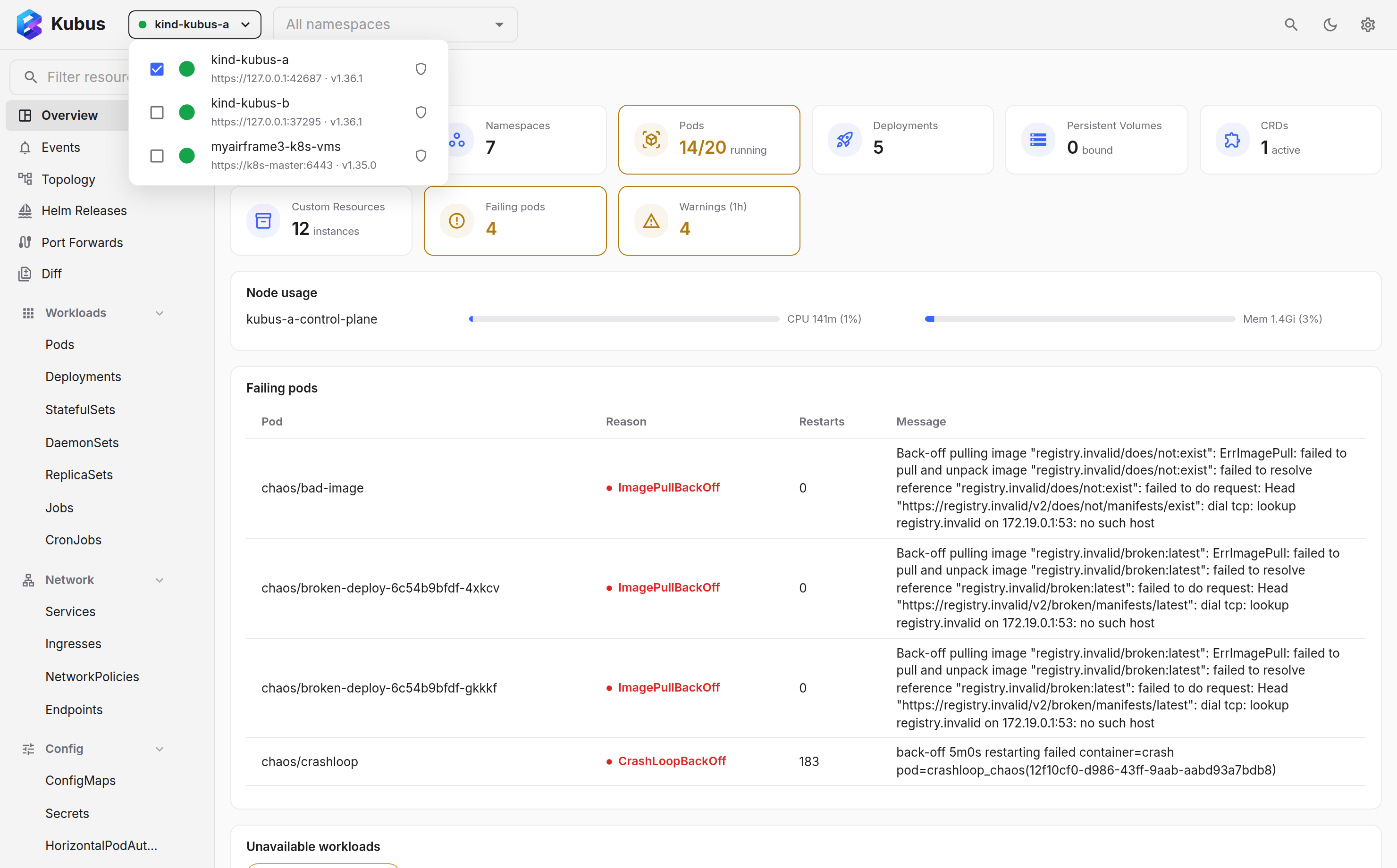 Selecting kubeconfig contexts in the cluster switcher