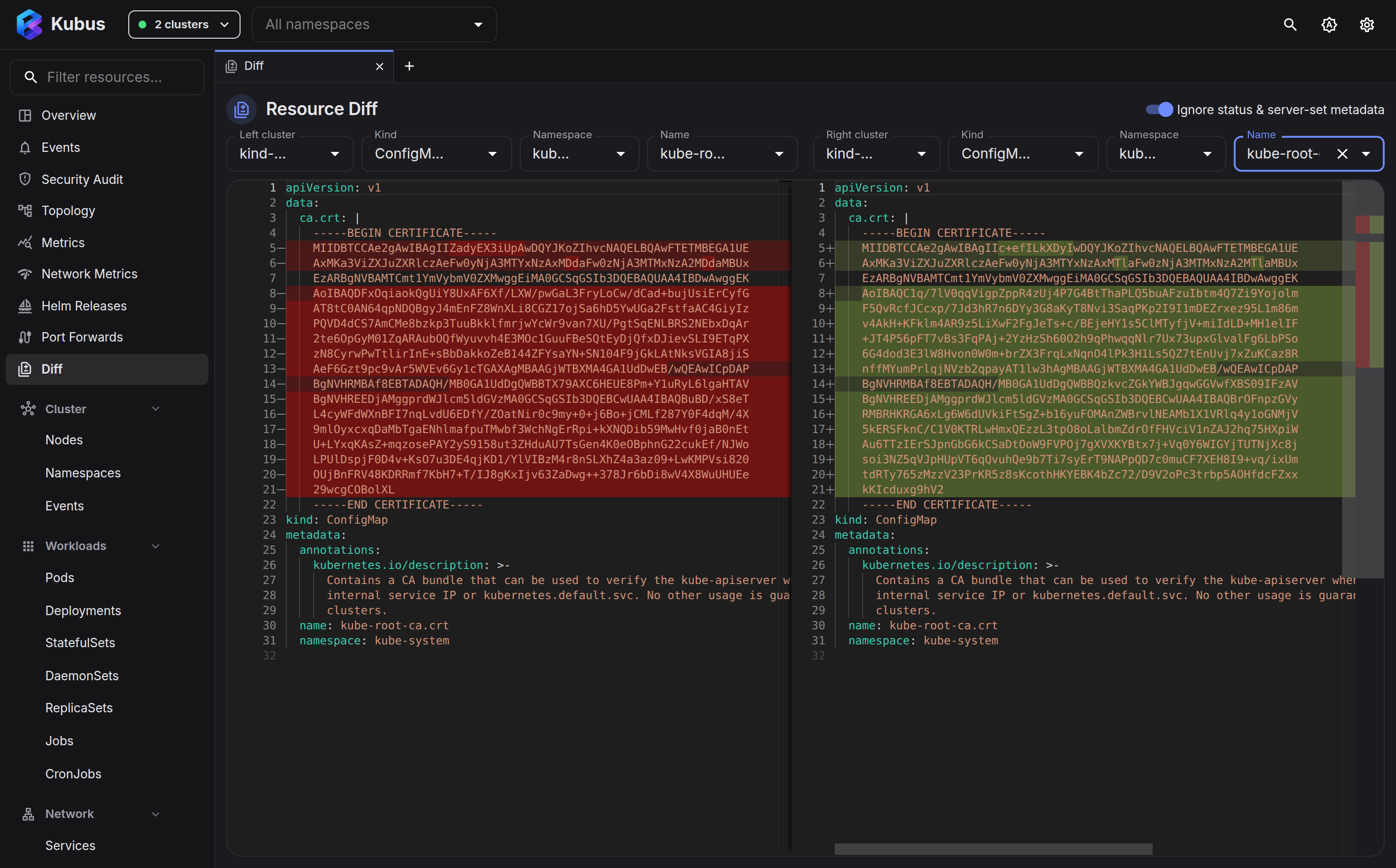 Resource diff across clusters