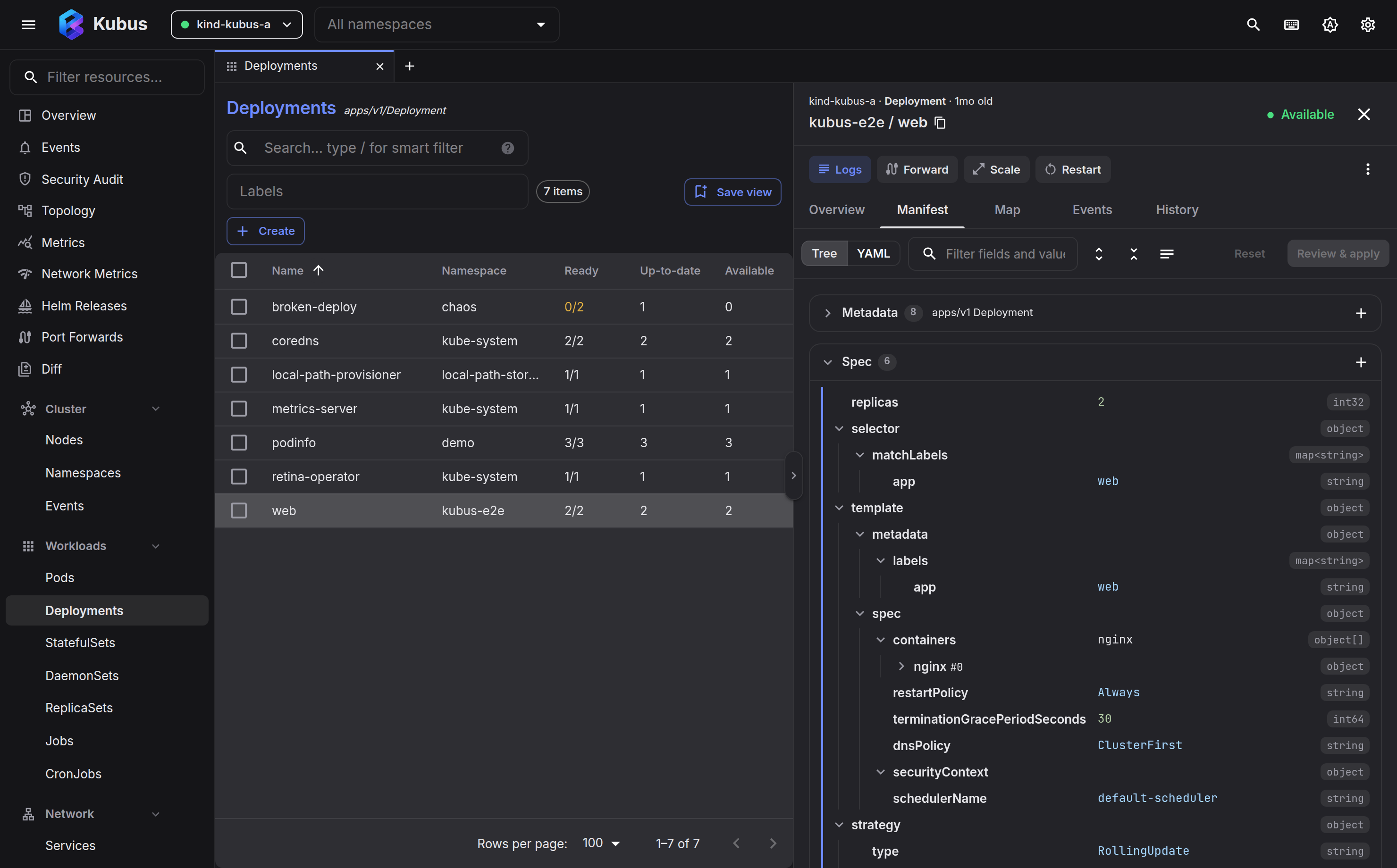 The Manifest tab for a Deployment