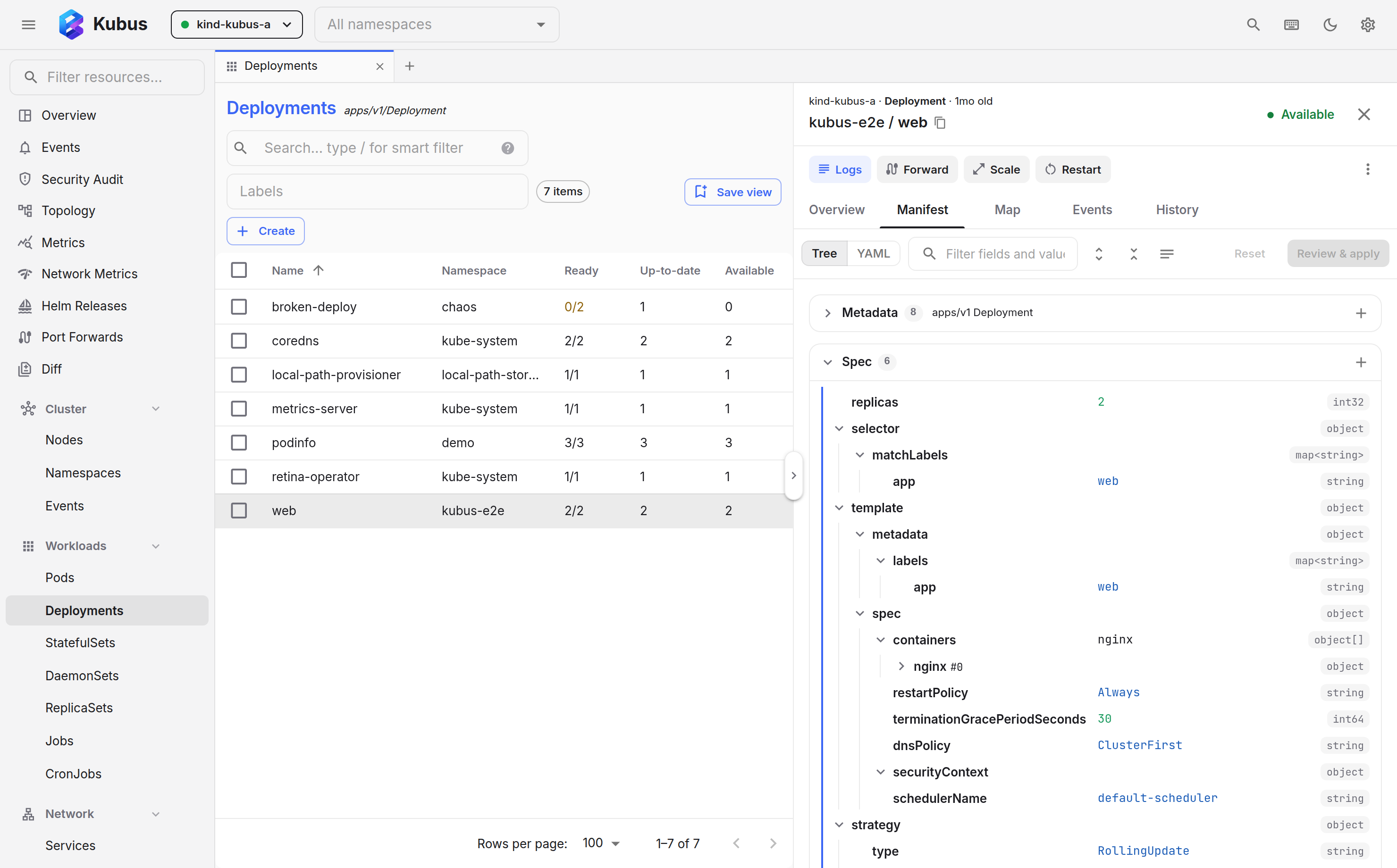 The Manifest tab for a Deployment