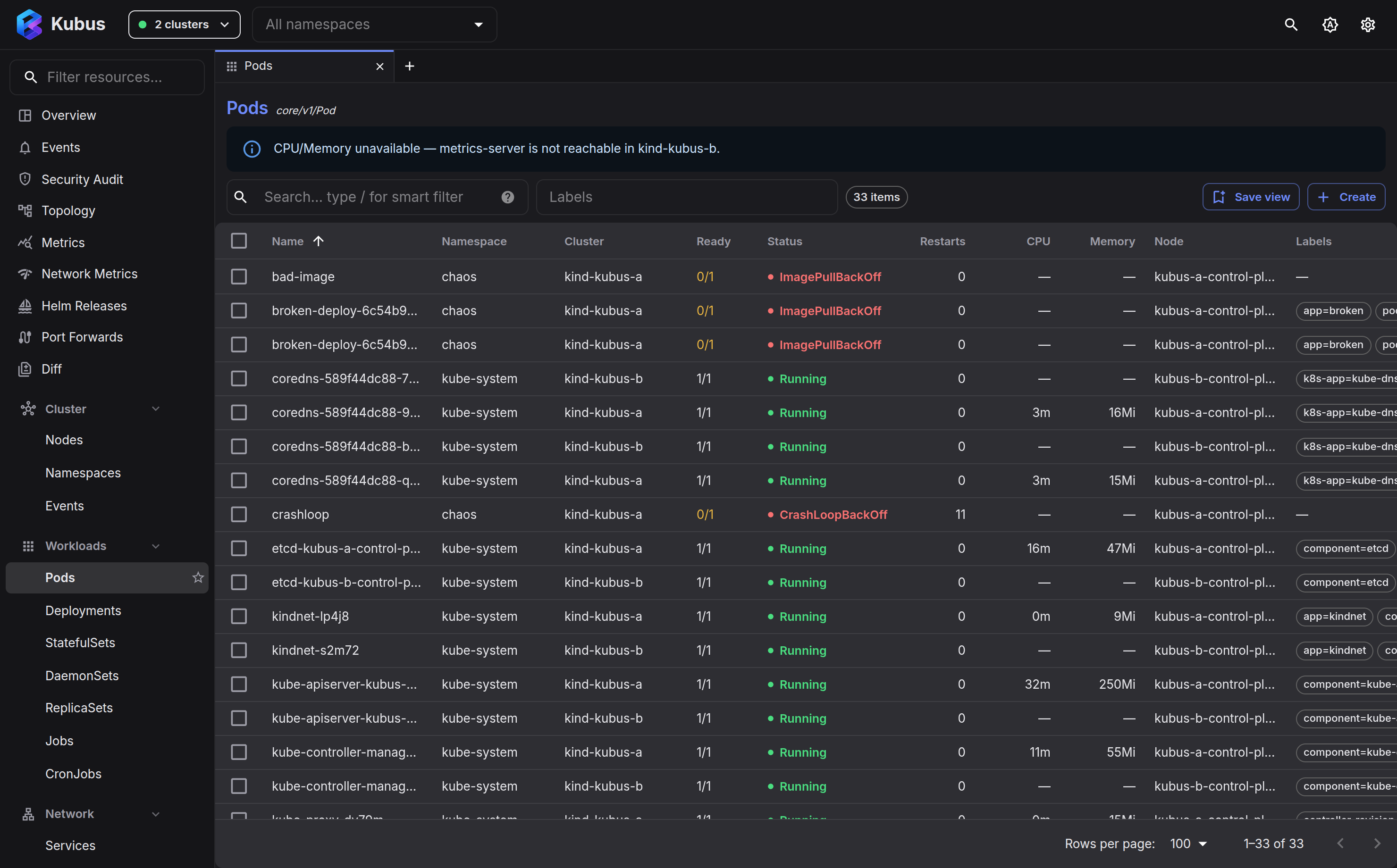 Pods list with live status