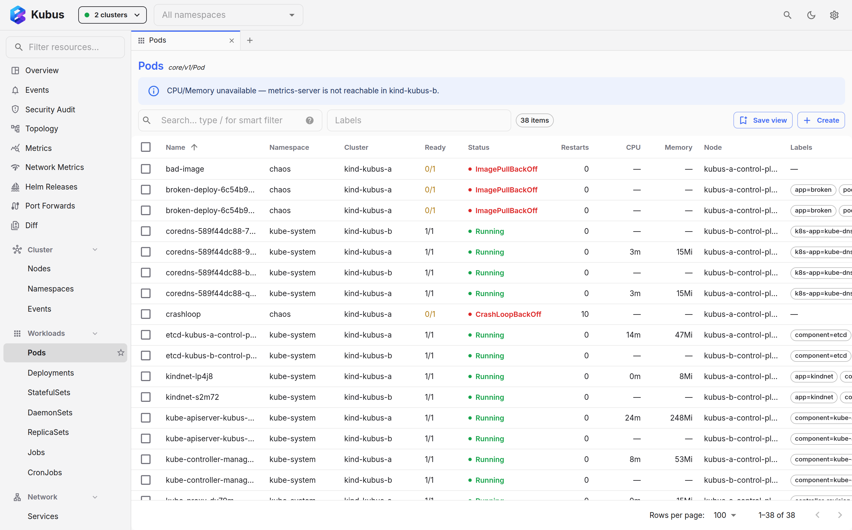 Pods list with live status