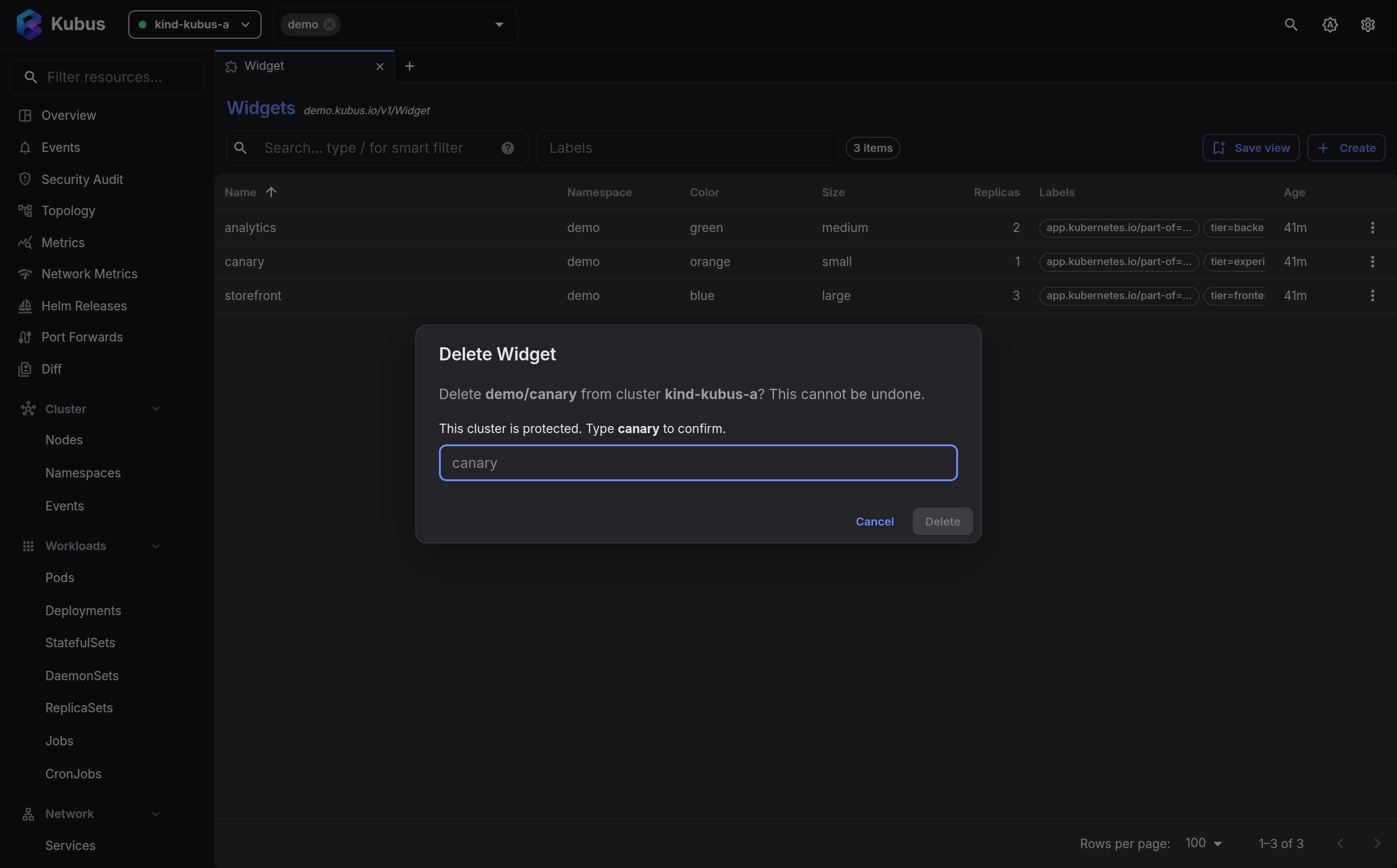 A type-to-confirm dialog on a protected cluster