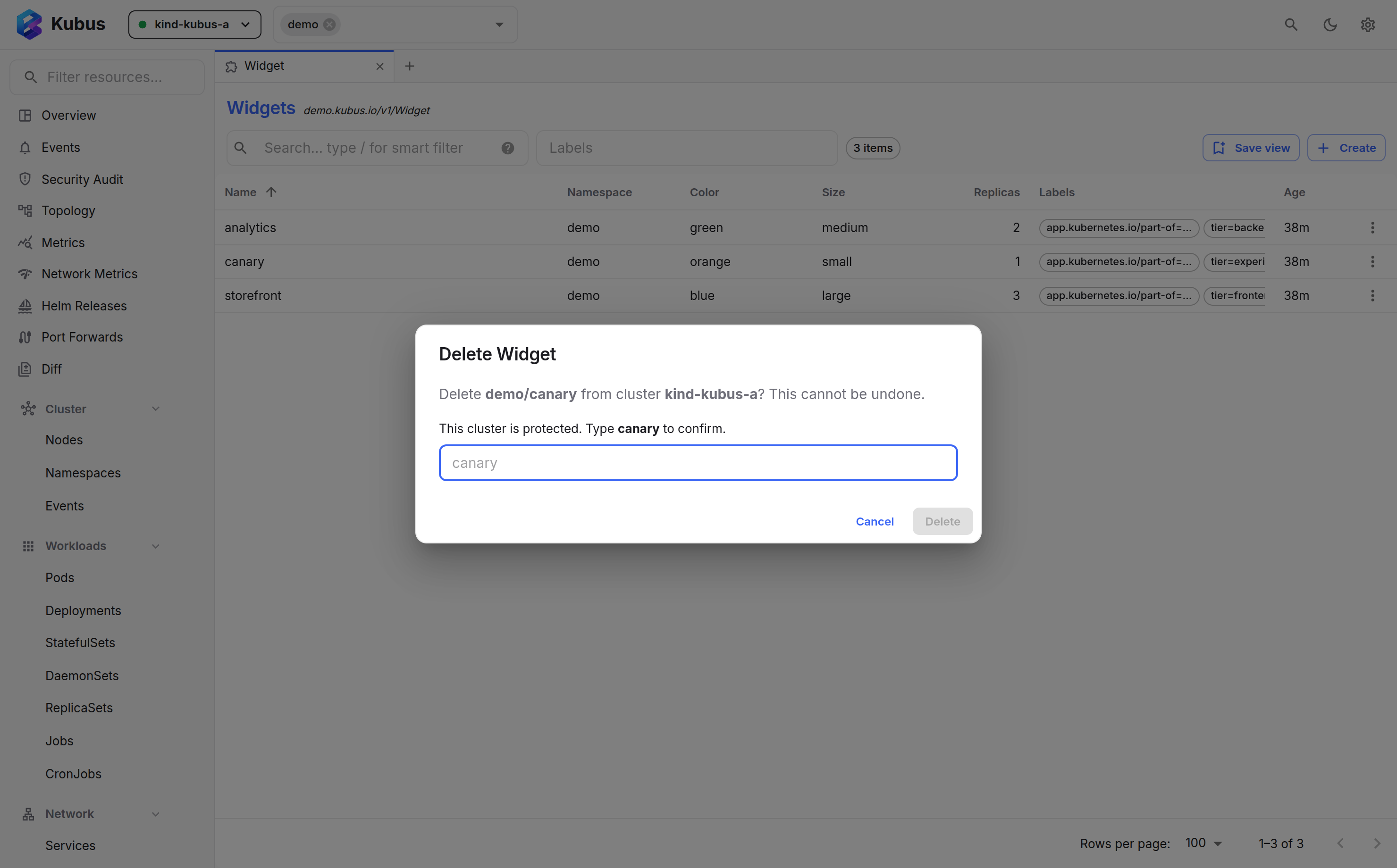 A type-to-confirm dialog on a protected cluster