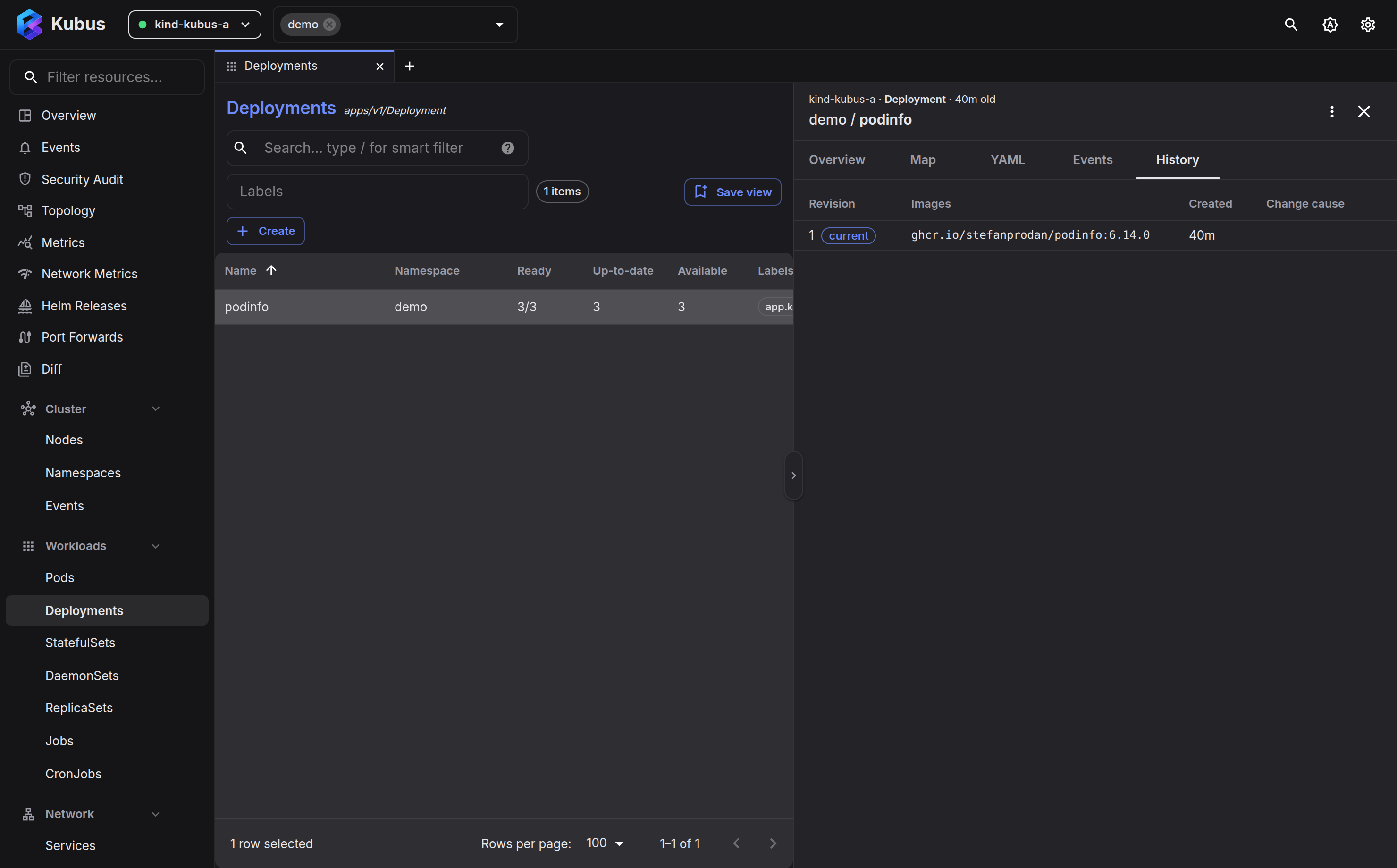 Rollout history with rollback buttons