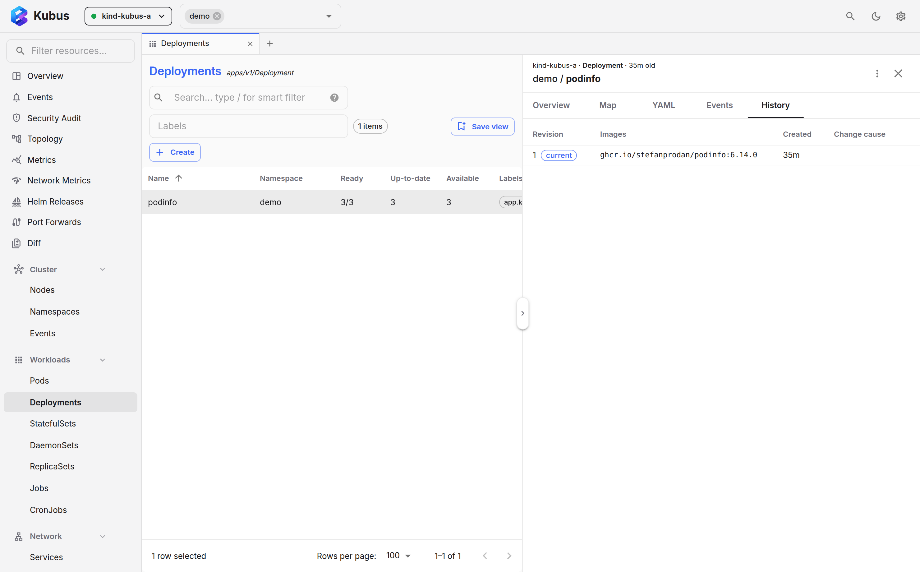 Rollout history with rollback buttons