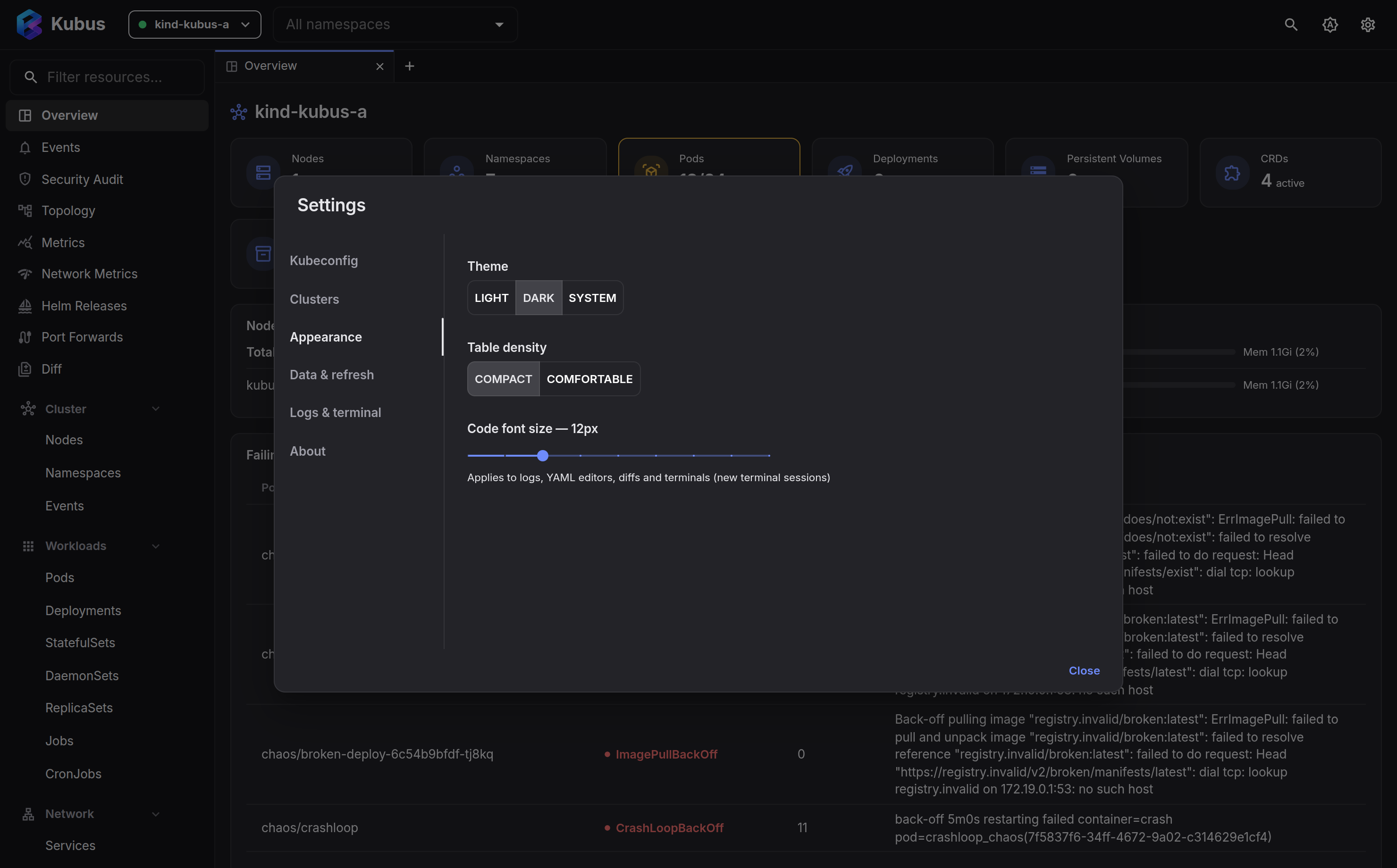 The settings dialog