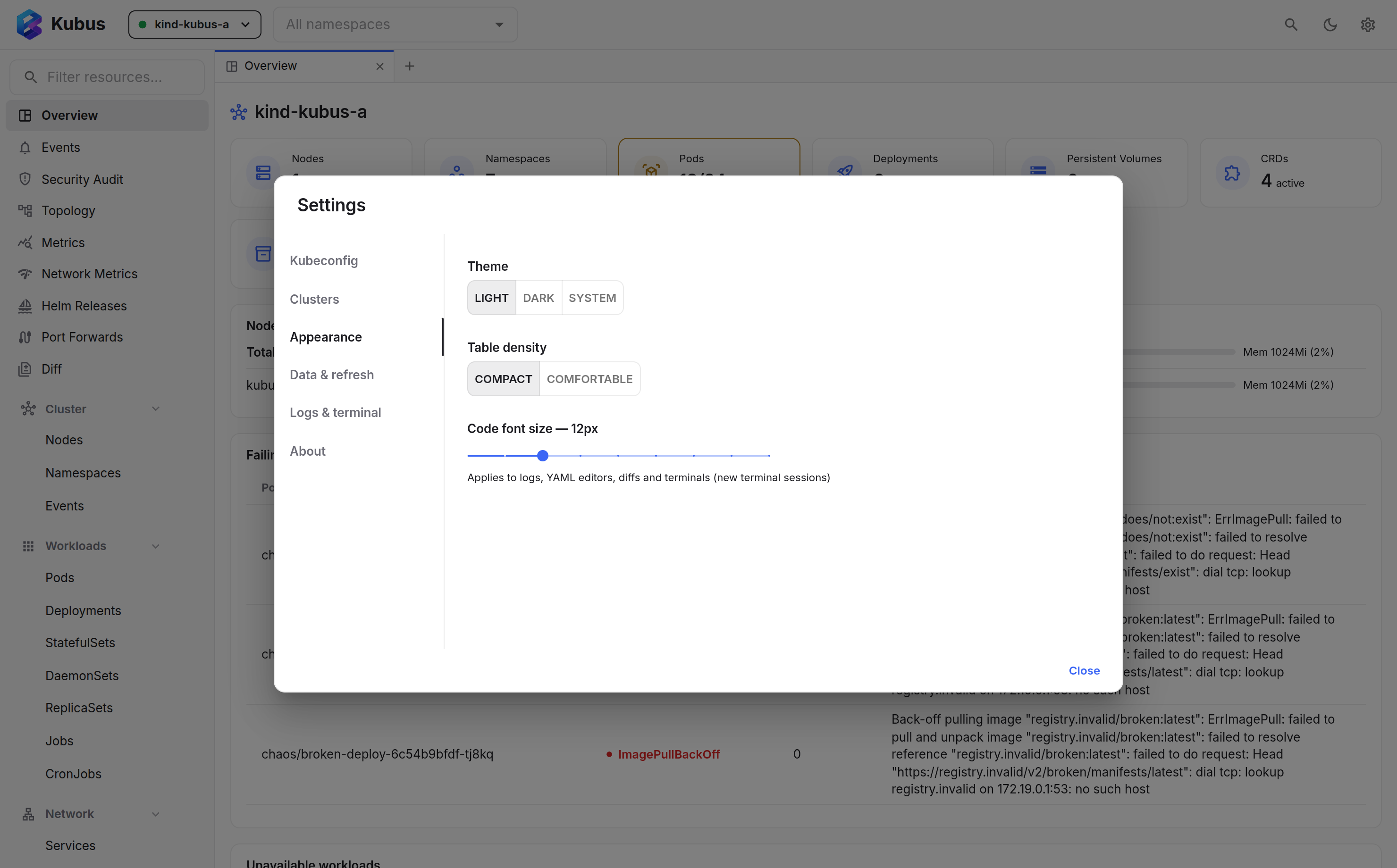 The settings dialog